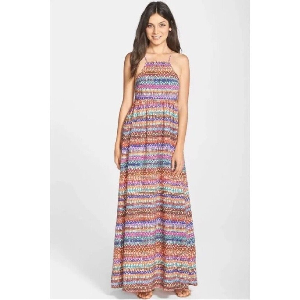 CeCe‎ By Cynthia Steffe Dress Womens 4 Annable Print Crêpe De Chine Maxi Halter